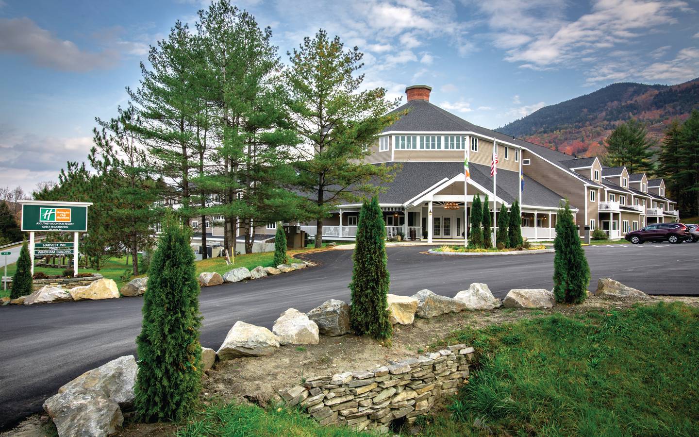 Exterior view of the entrance of Mount Ascutney Resort in Brownsville, VT.