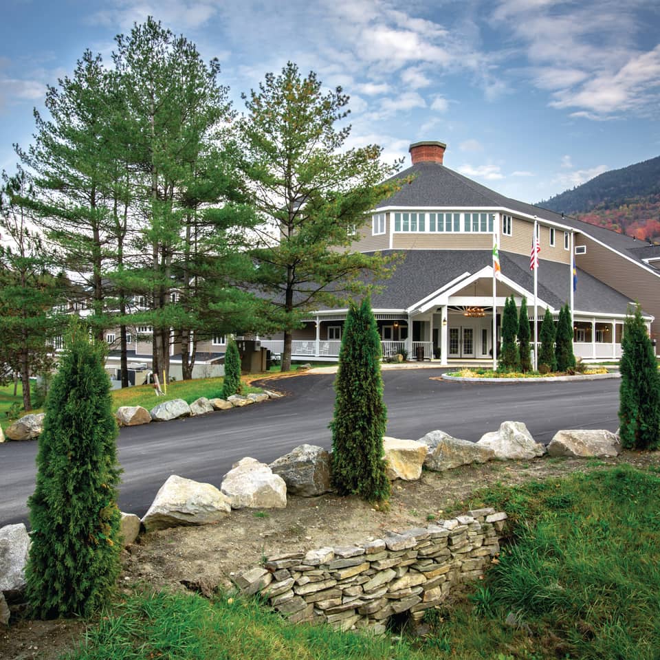 Exterior view of the entrance of Mount Ascutney Resort in Brownsville, VT.