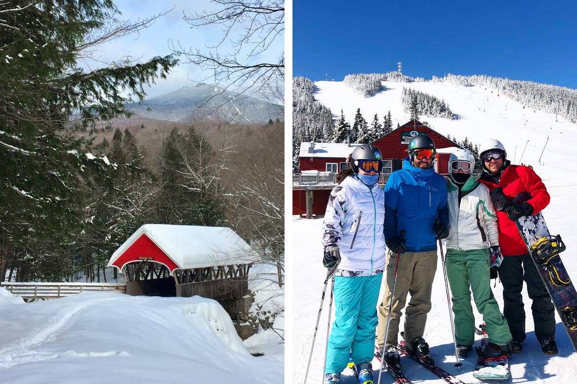 Left: Snow-covered bridge in front of a mountain in a winter setting. Right: Co-contributor, Jenn C. Harmon (middle-right), poses with friends on the ski slopes in Waterville Valley, New Hampshire.