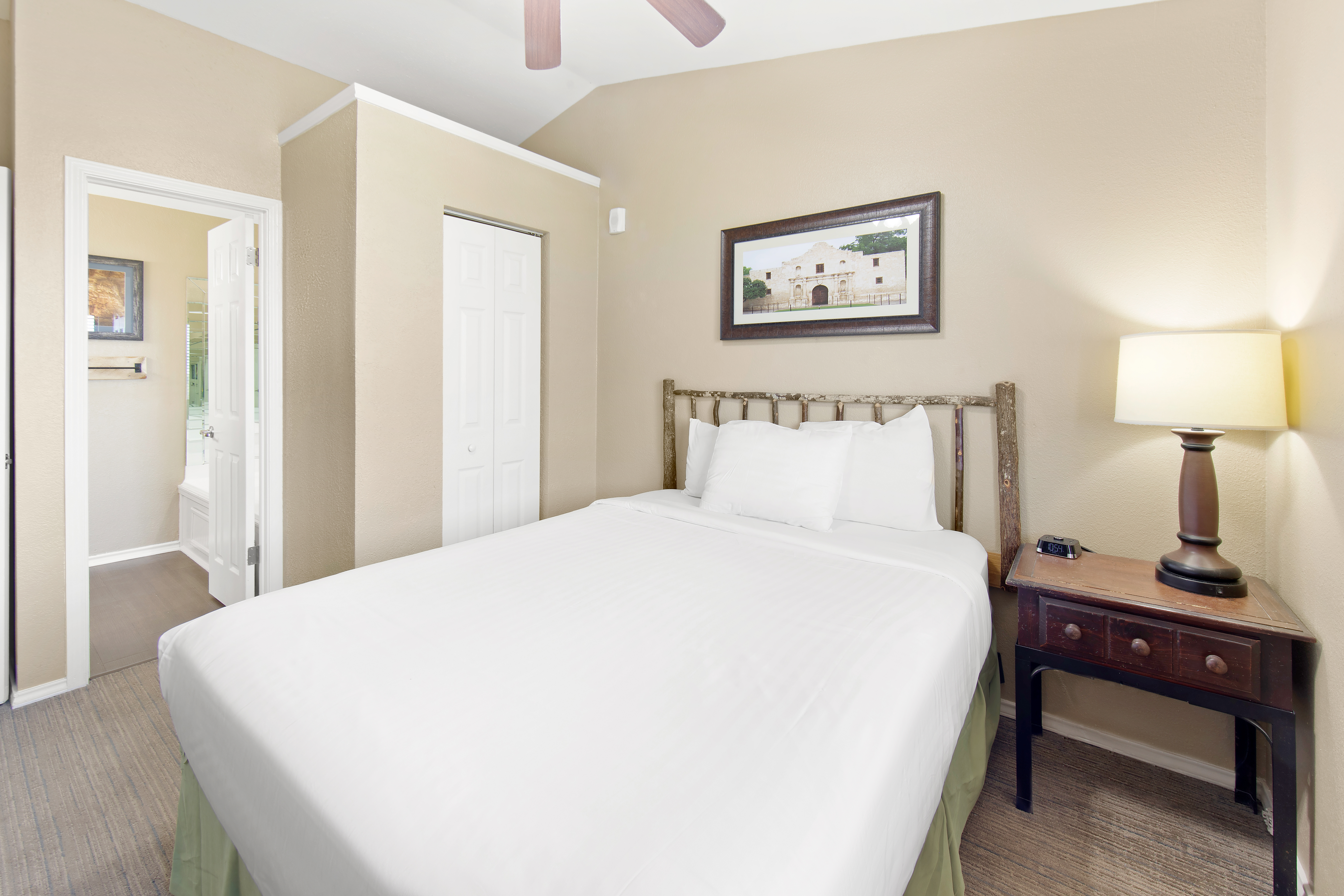 Bedroom in a two-bedroom townhome at the Hill Country Resort in Canyon Lake, Texas.