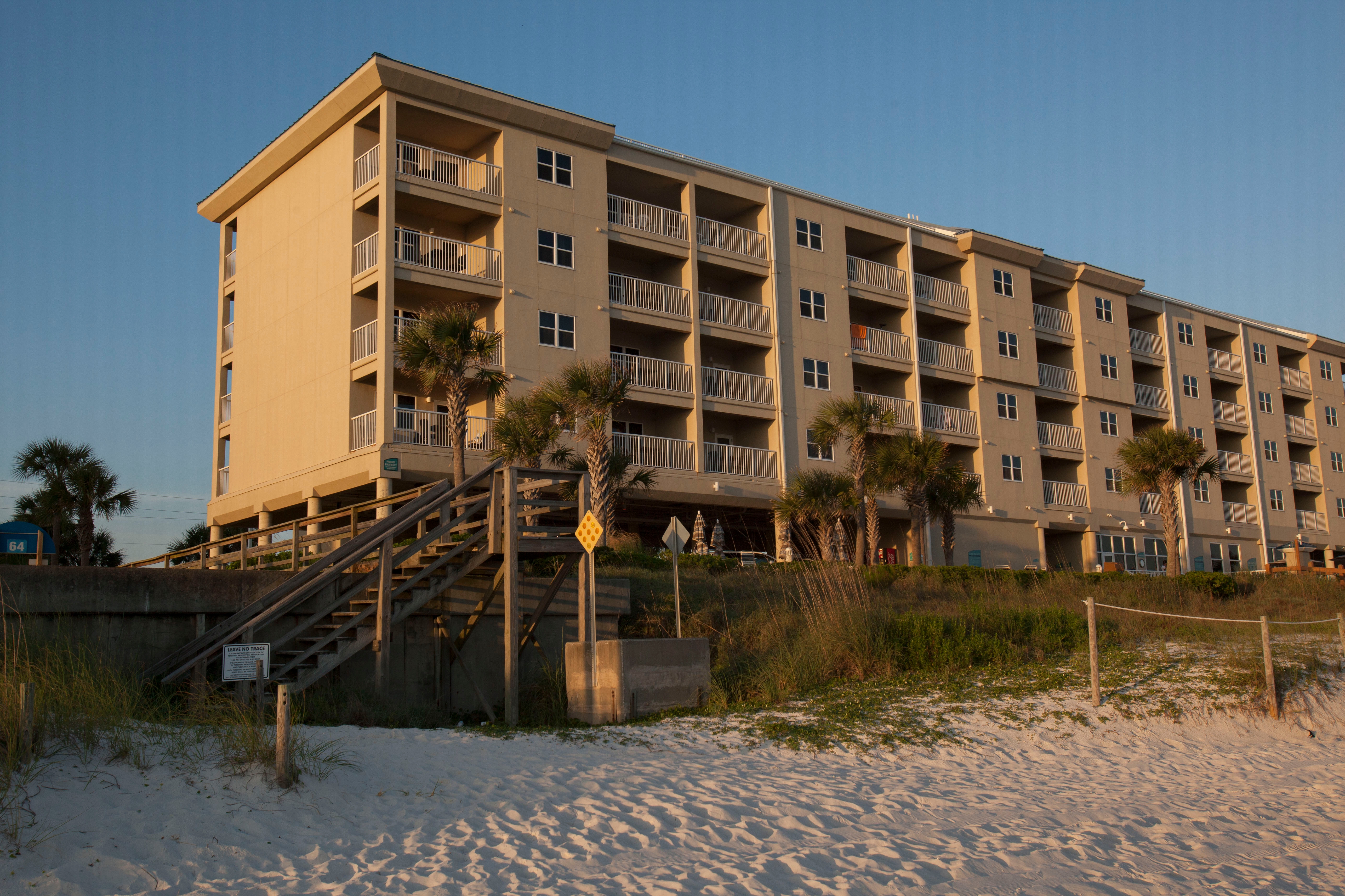 View of property building from beach at Panama City Beach Resort.