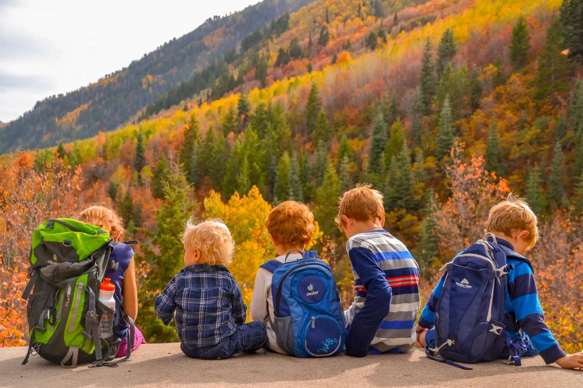 Five caucasian children (left to right: a girl, and four boys) wear backpacks and patterned shirts while sitting on ledge looking at colorful fall foliage.