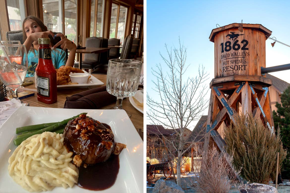 Left: A girl in a blue shirt sits at a dining table with two plates of food placed on white plates. Right: Original 1862 Water Tower at David Walley's Resort in Genoa, Nevada