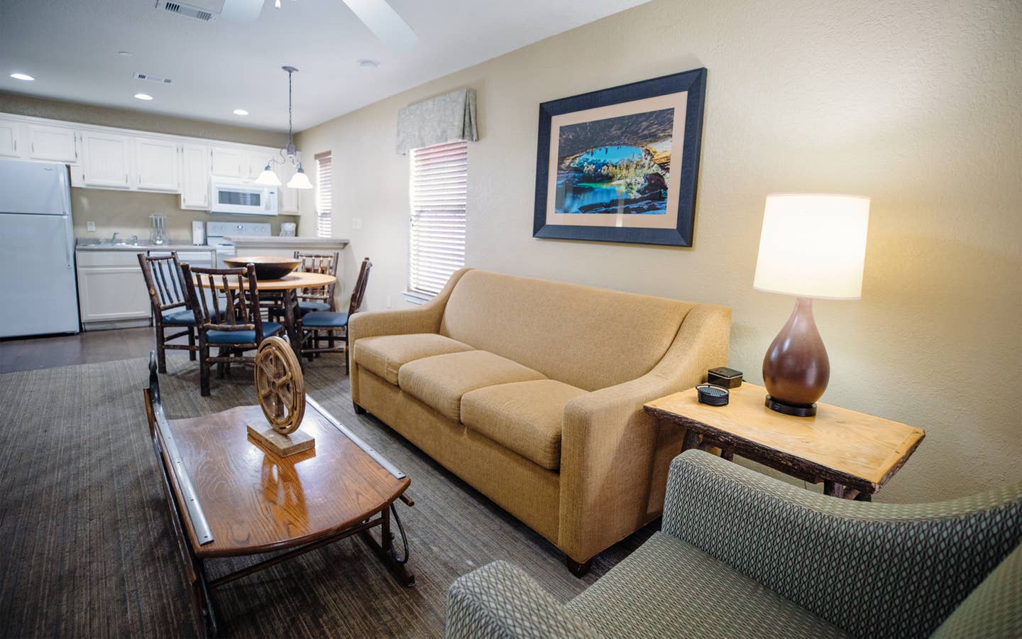 Living room in two-bedroom lodge at the Hill Country Resort in Canyon Lake, Texas.