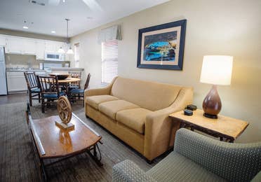 Living room in two-bedroom lodge at the Hill Country Resort in Canyon Lake, Texas.