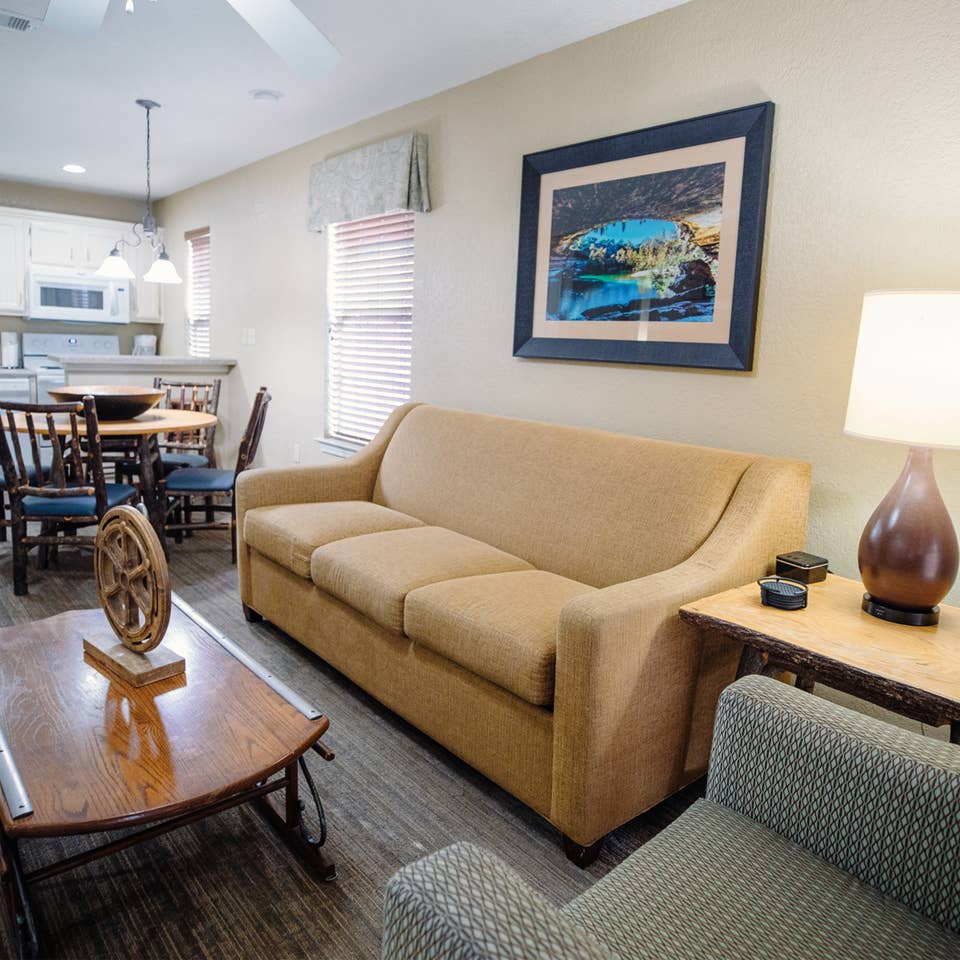 Living room in two-bedroom lodge at the Hill Country Resort in Canyon Lake, Texas.