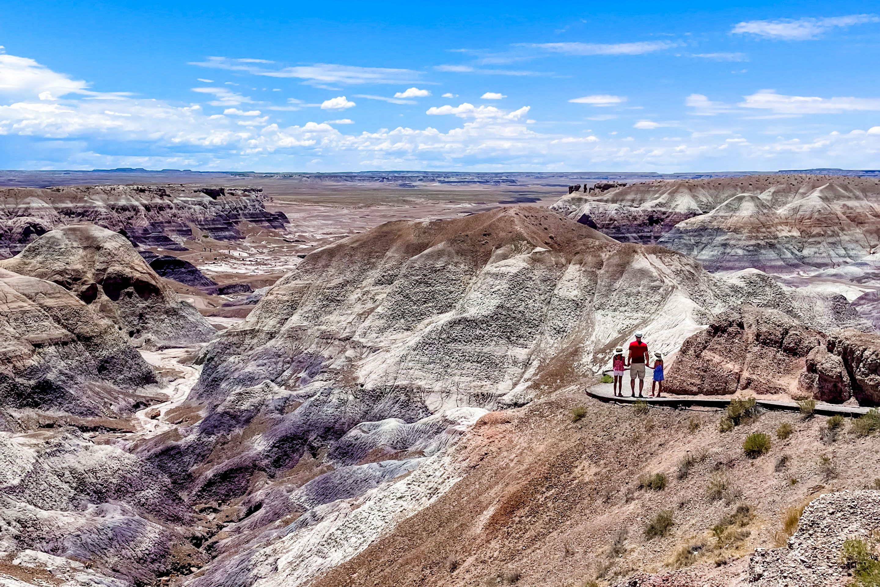 A man and two young girls wearing red walk a trail along the Blue Mesa Park.