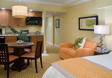 Small dining area and kitchenette in a studio room in West Village at Orange Lake Resort near Orlando, FL