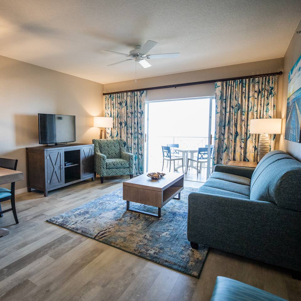 Living room in a two-bedroom villa at Cape Canaveral Beach Resort in Florida.