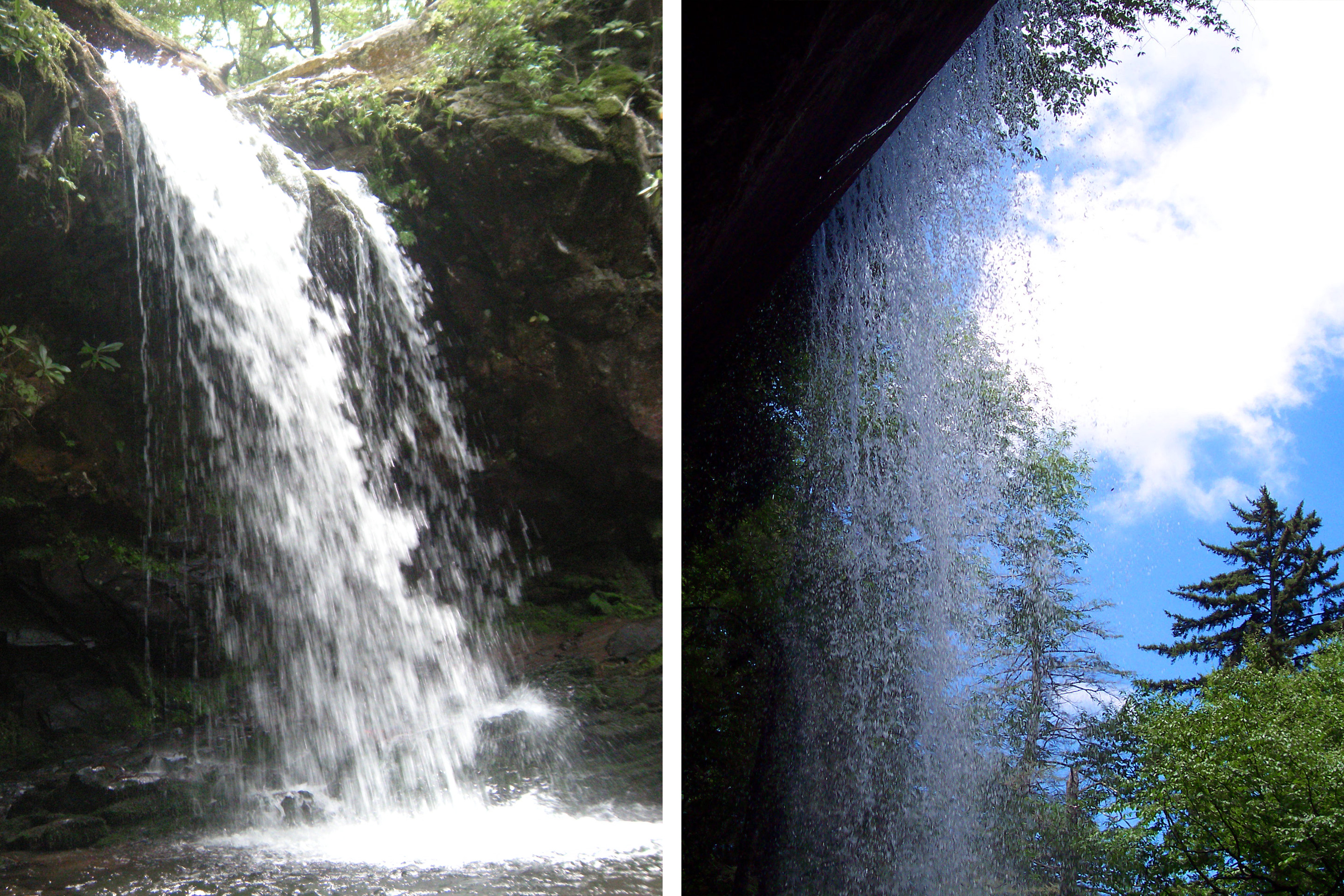 Left: A waterfall cascades over a rock formation at Grotto Falls in Tennessee. Right: The backside of a waterfall beneath a blue cloudy sky and green trees.