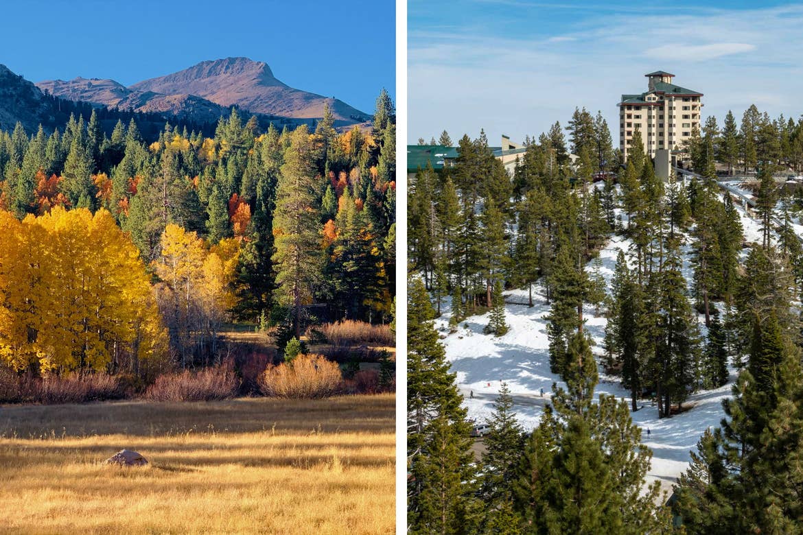 Left: Jobs Peak appears in the distance as autumn foliage from the trees appear in the foreground. Right: Exterior shot of the Tahoe Ridge Resort and the hillside landscape.