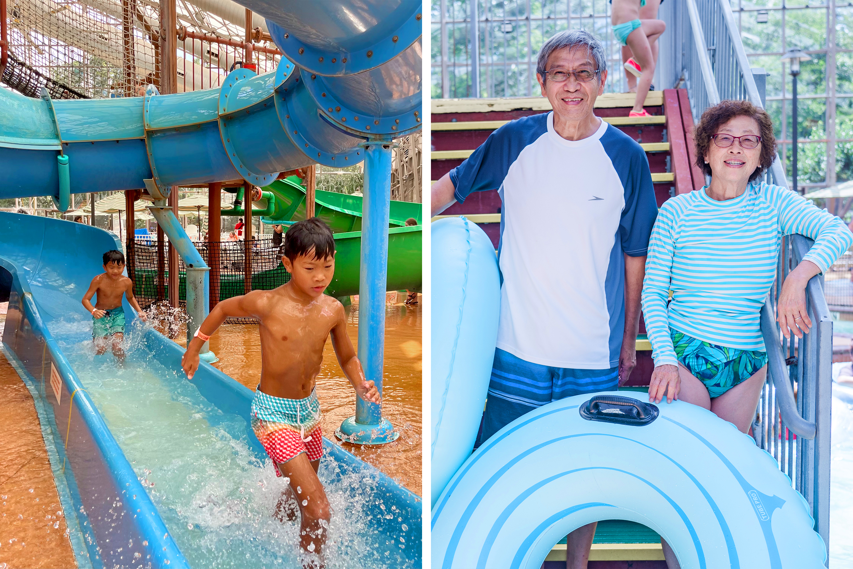 Left: Two young, Asian boys wear multicolored swim trunks while running off the indoor pool waterslide. Right: An older Asian man (left) and woman (right) wear multicolored swimsuits while holding blue inner-tubes at an indoor waterpark.