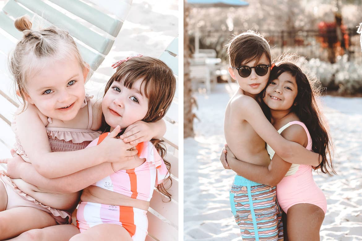 Left: Two little girls hug on a white beach lounge chair wearing swimsuits. Right: Grey and his cousin hug on white sands wearing swimsuits.