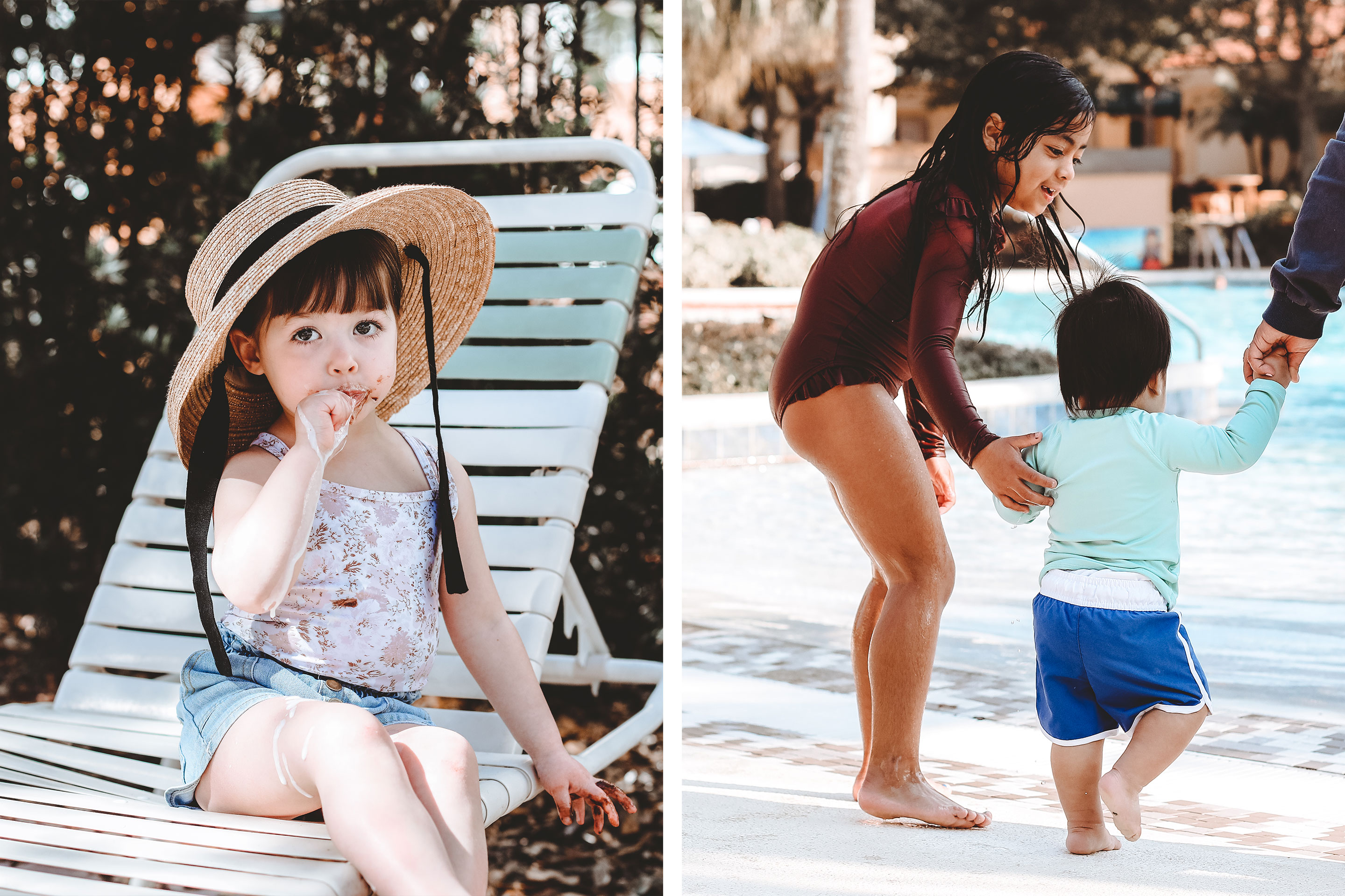 Left: Poppy Bleu wears a sunhat and eats a melted ice cream bar on a white beach lounge chair. Right: Mia St. Clair's niece and nephew enter the zero-entry pool at River Island.