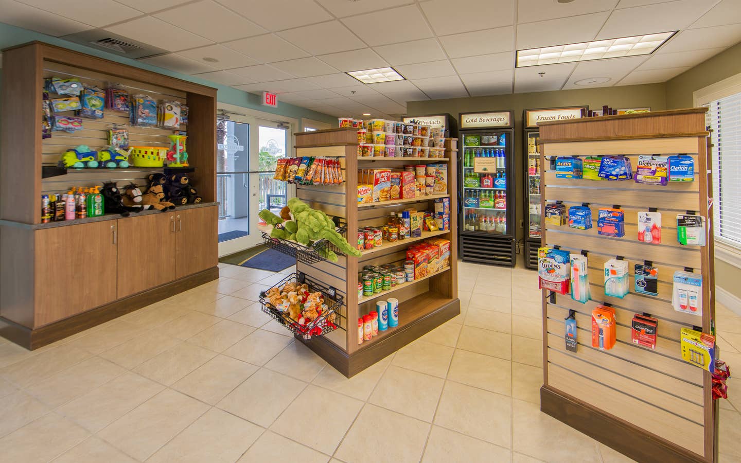 Marketplace with snacks and stuffed animals at Galveston Beach Resort.