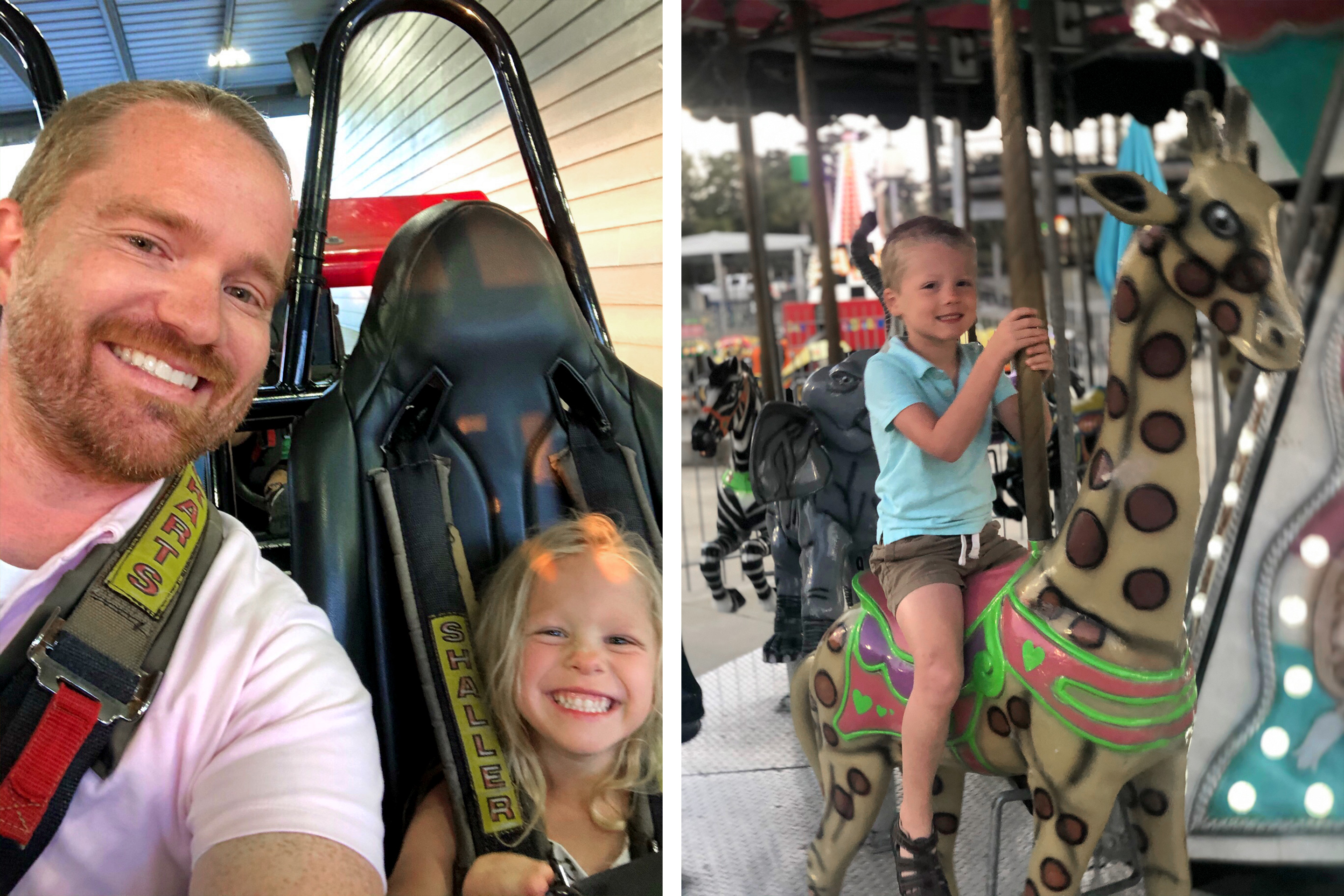 Left: Brianna's husband (left) and daughter (right) share a go-kart at Track Family Fun Park. Right: Brianna's son rides a giraffe figure on a carousel at Track Family Fun Park.