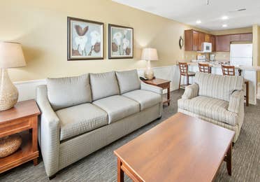 Living room area in a three-bedroom ambassador villa at the Hill Country Resort in Canyon Lake, Texas.