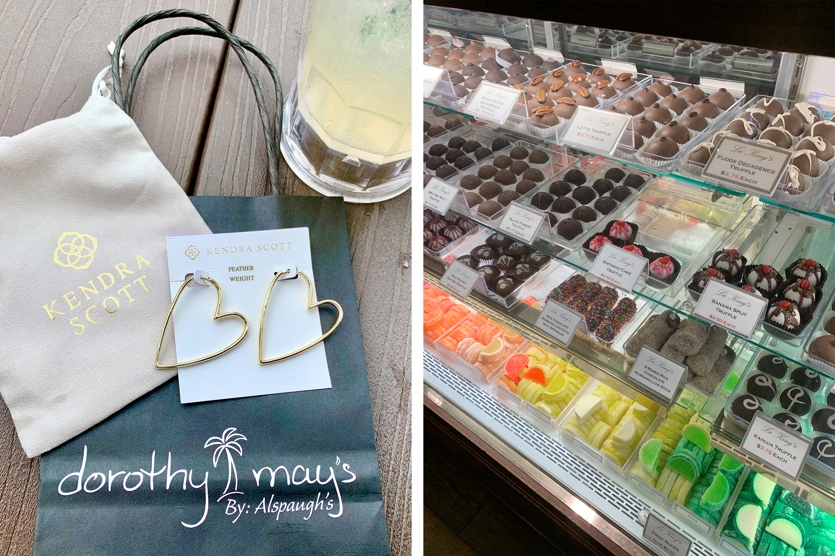 Left: A pair of golden heart-hoop earrings rest on top of a canvas pouch that reads 'Kendra Scott' and a black paper bag that reads 'dorothy may's'. Right: A confectionery display from historic downtown Galveston, Tx.