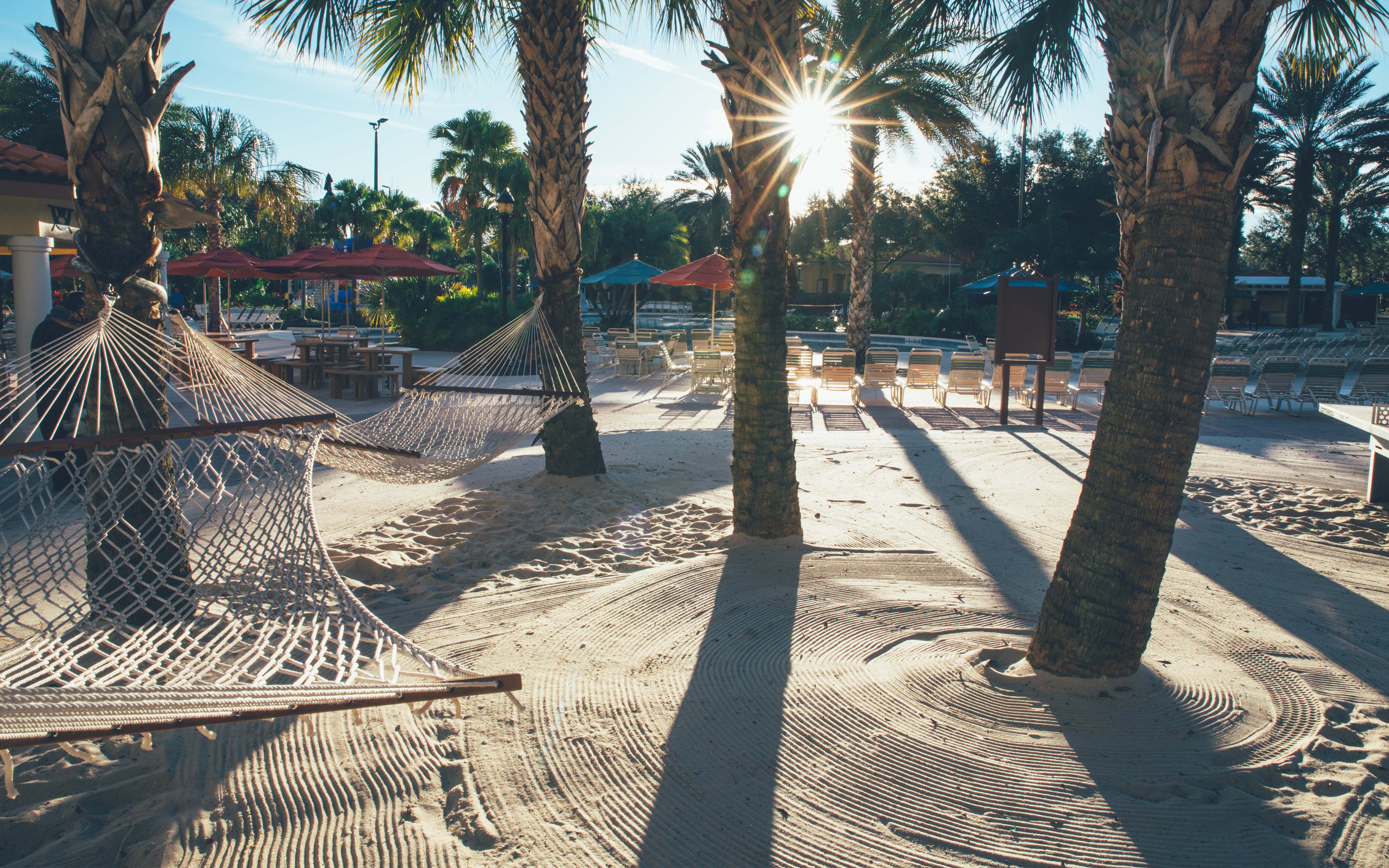 Hammocks hanging from palm trees above sand near outdoor pool at Orange Lake Resort near Orlando, Florida.