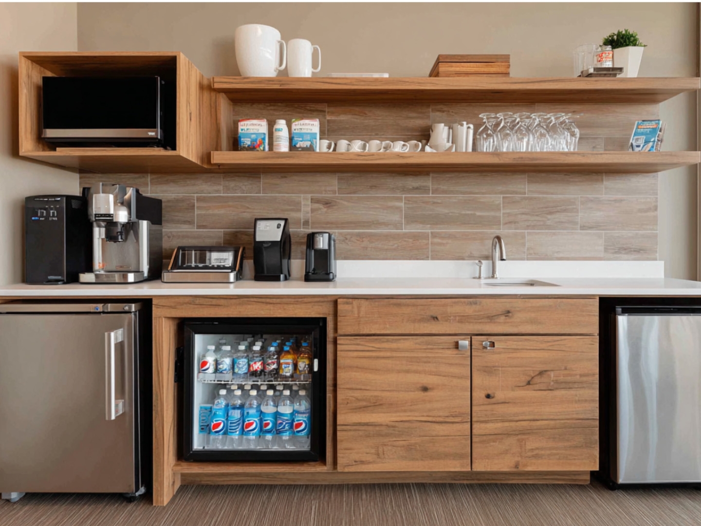 Well-equipped hotel kitchenette featuring wooden cabinetry, open shelving, and stocked mini-fridge.