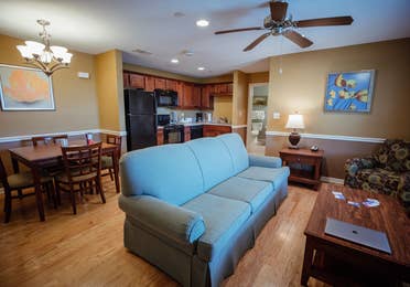 Living room in a three-bedroom ambassador villa at Galveston Seaside Resort