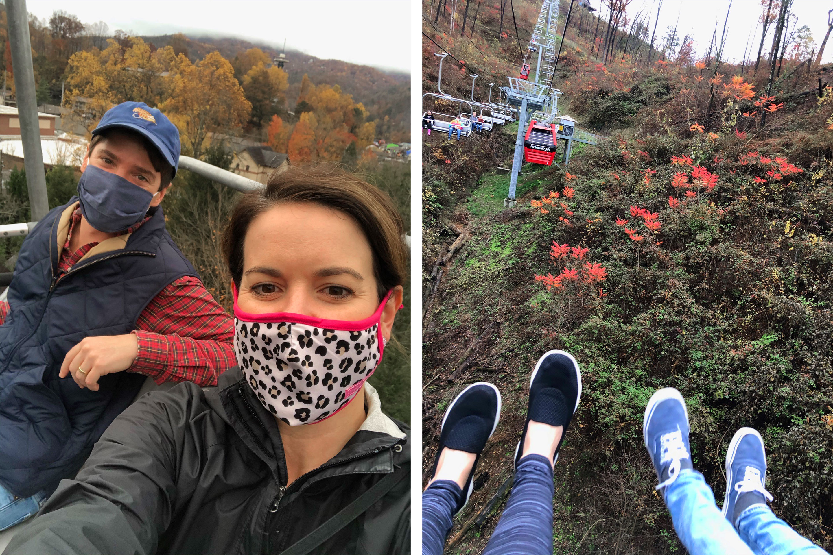 Left: A man wears a safety mask, blue baseball cap and a blue vest next to Jennifer C. Harmon (right) wearing a safety mask and black jacket on a chair lift. Right: Two pairs of feet kick the open air on the chair lift.