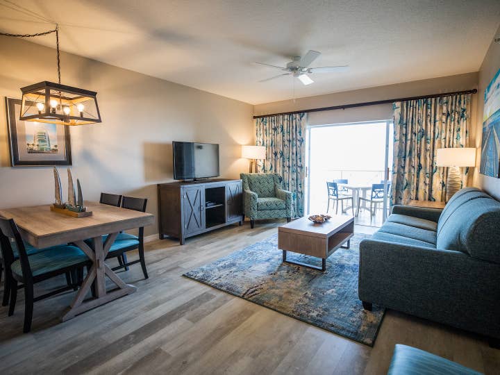 Living room in a two-bedroom villa at Cape Canaveral Beach Resort in Florida.