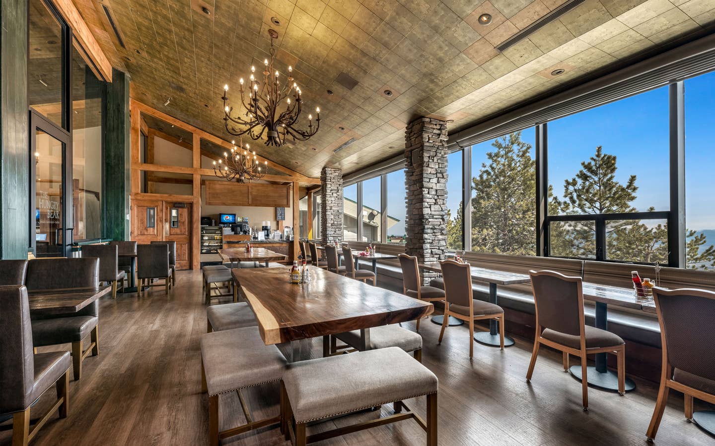 Bistro with a view of Sierra Nevada Mountains at Tahoe Ridge Resort in Stateline, Nevada.