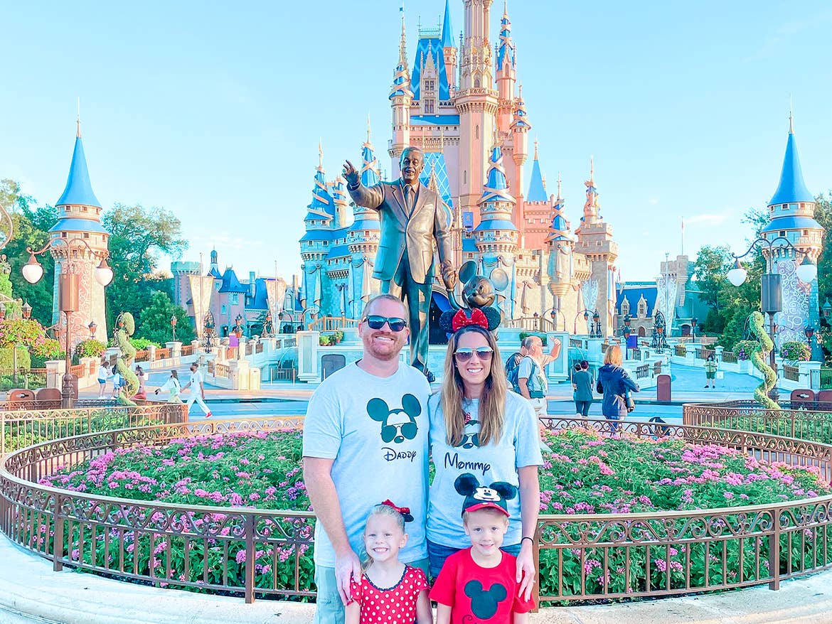 Family posing for a photo at Disney. 