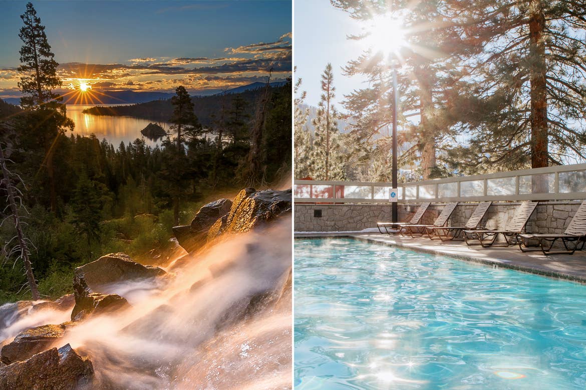 Left: A waterfall cascades down the rocky hills near Lake Tahoe Right: Sunlight pokes through the pines at our Tahoe Ridge Resort pool.