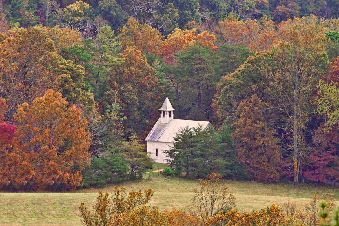 A white, Baptist church structure in the middle of a forest surrounded by fall foliage.