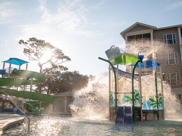 View of waterslide and splash pad at South Beach Resort in Myrtle Beach, South Carolina