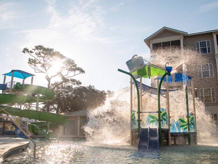 View of waterslide and splash pad at South Beach Resort in Myrtle Beach, South Carolina