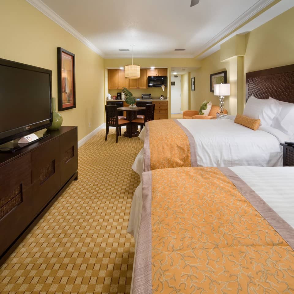 Two queen beds in a studio room in West Village at Orange Lake Resort near Orlando, FL