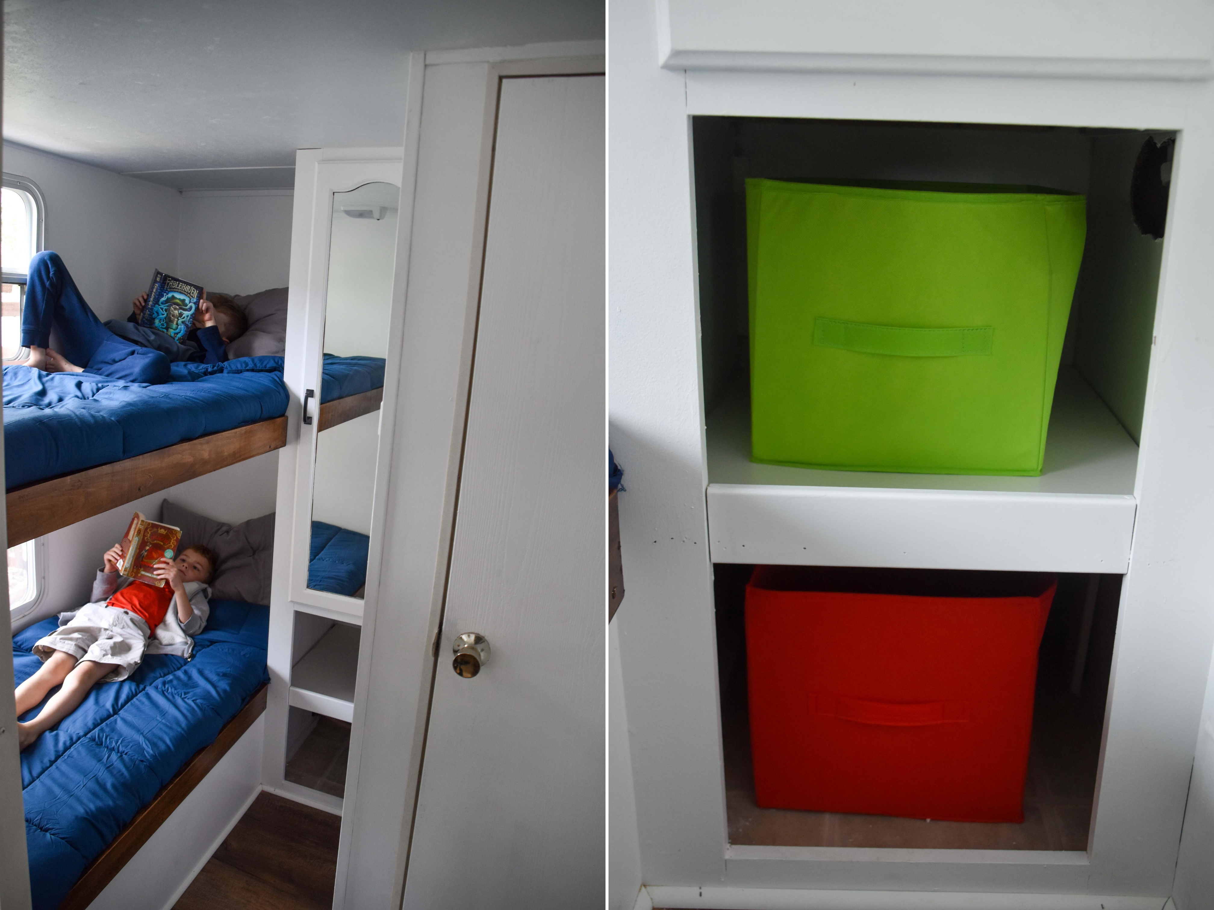 RV collage of Jessica's kids and storage cubes