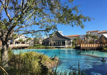 Water front store and restaurants at Disney Springs in Orlando, Florida.