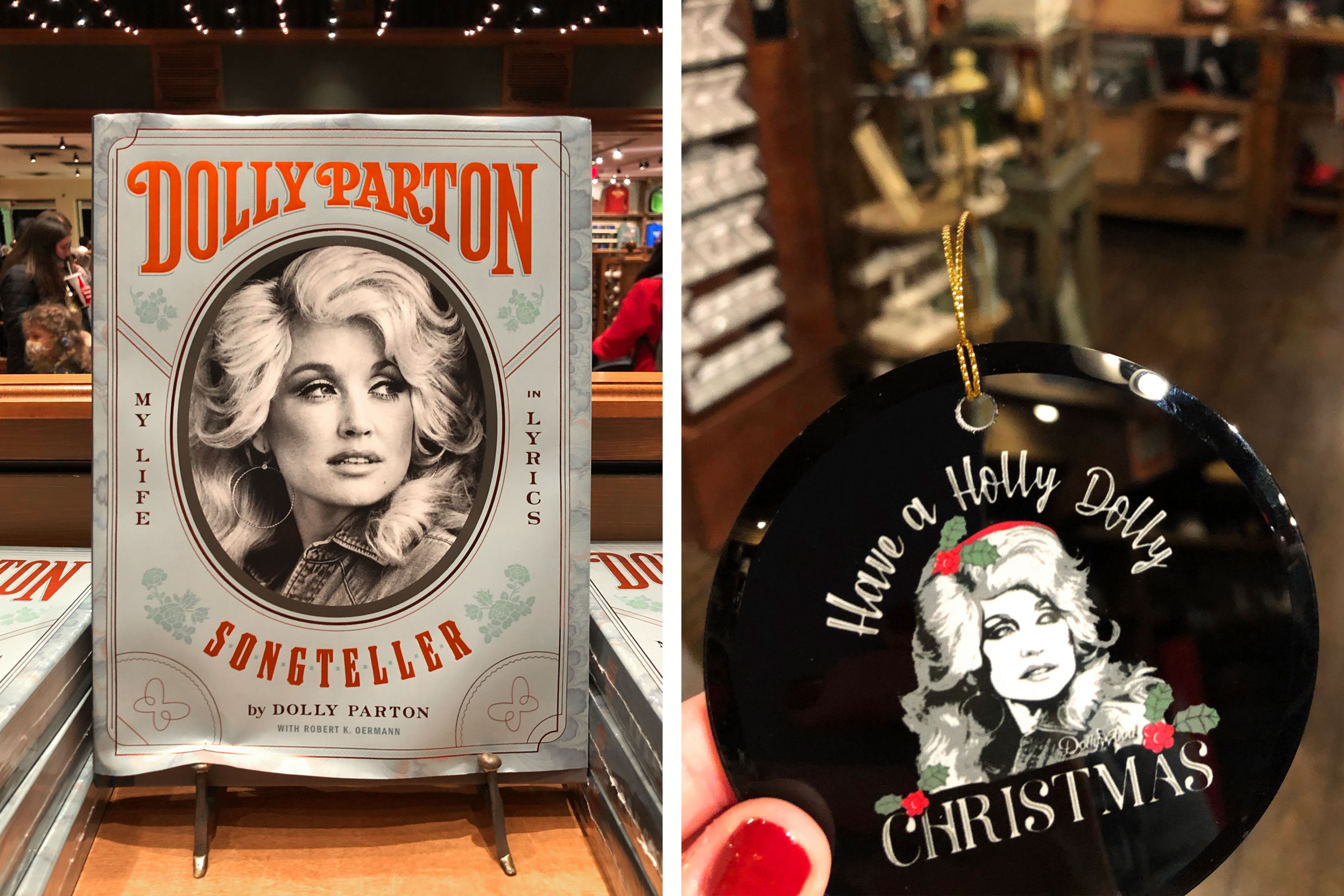 Left: A book on a stand titled, 'Dolly Parton, Storyteller, My Life in Lyrics.' Right: A black ornament with a 'festive' Dolly portrait that reads 'Have a Holly Dolly Christmas.'