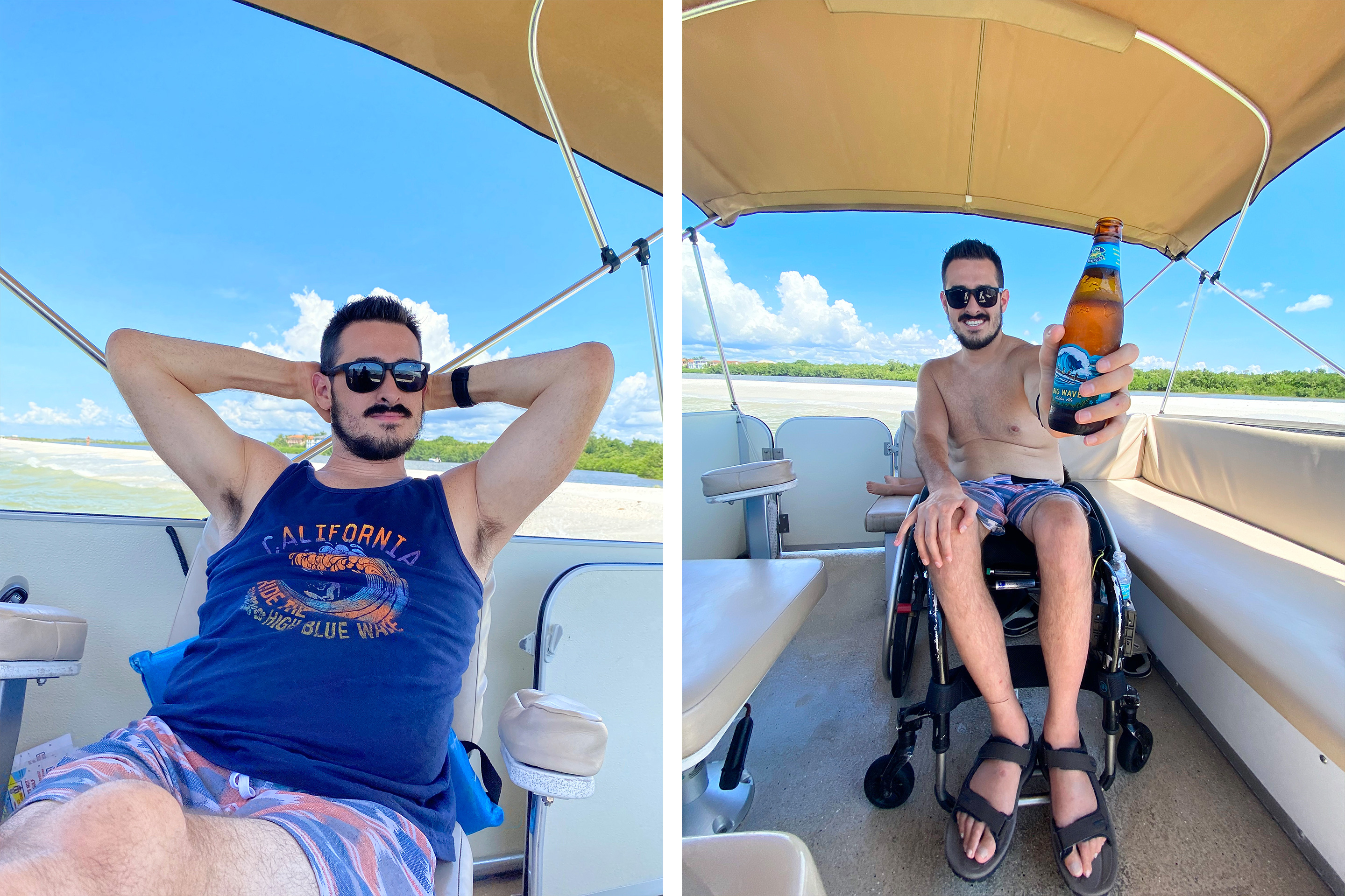 Left: Featured Contributor, Danny Pitaluga wears sunglasses, a blue tank and swim trunks while kicking back on a boat. Right: Danny holds a beer while seated in his wheelchair on a boat.