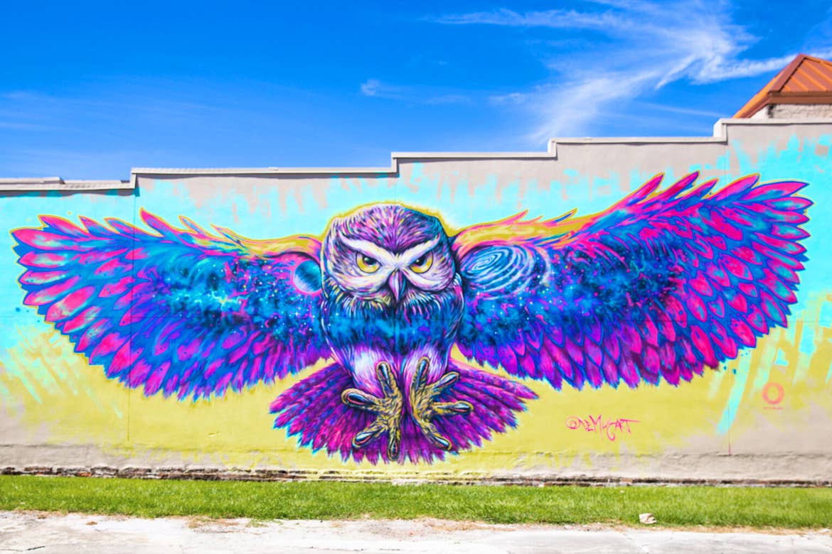 A painted wall mural in Downtown Kissimmee featuring a colorful owl by artist, German Lemus
