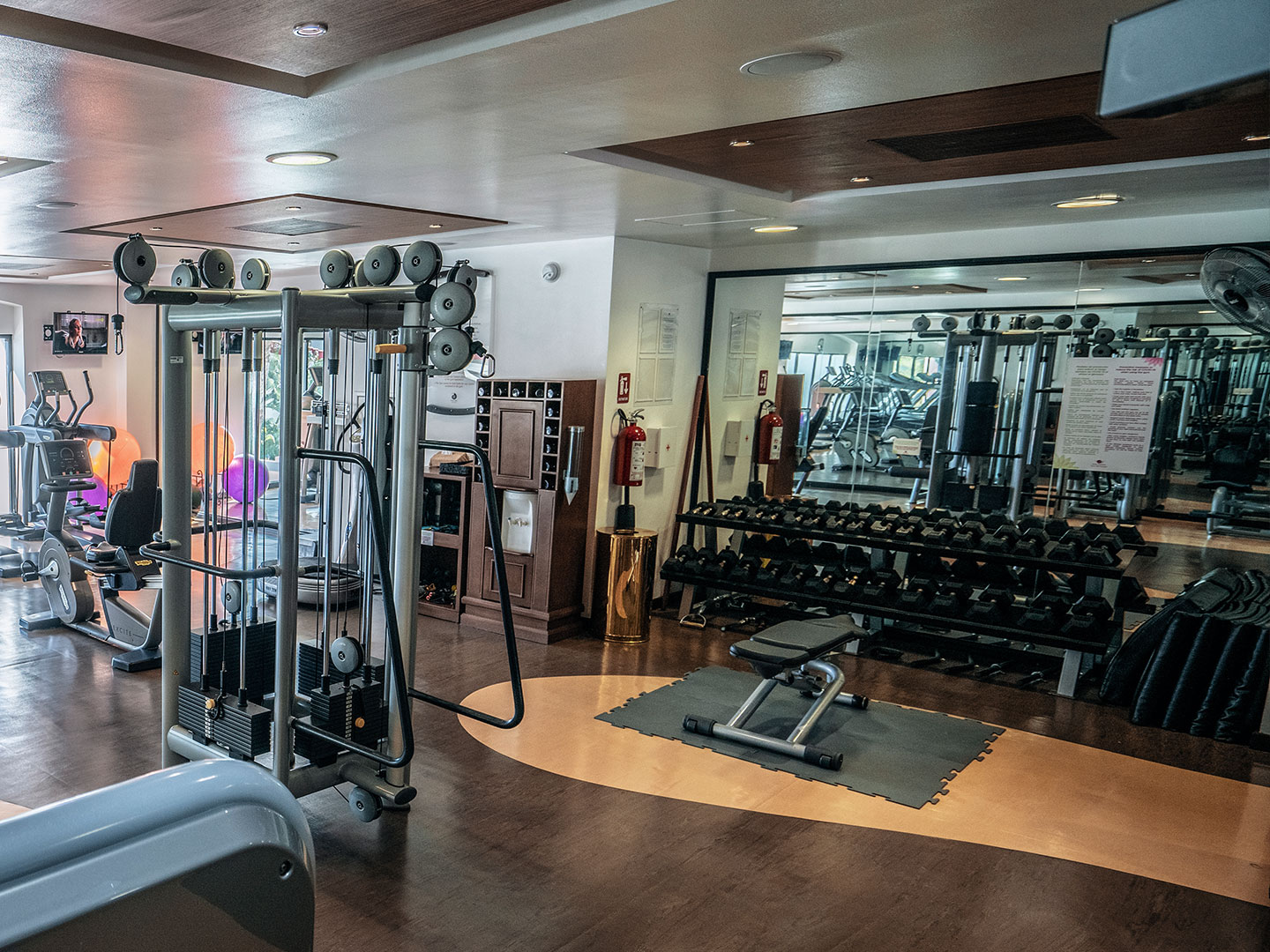 Fitness center with dumbbells, weight lifting, yoga balls and more at The Royal Cancun in Cancun, Mexico.
