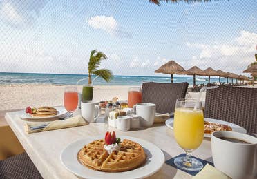 La Palapa del Sol, breakfast, on the beach, tabled waffles, pancakes, omelette, mimosa, coffee and juice at The Royal Haciendas, in Playa del Carmen, Mexico