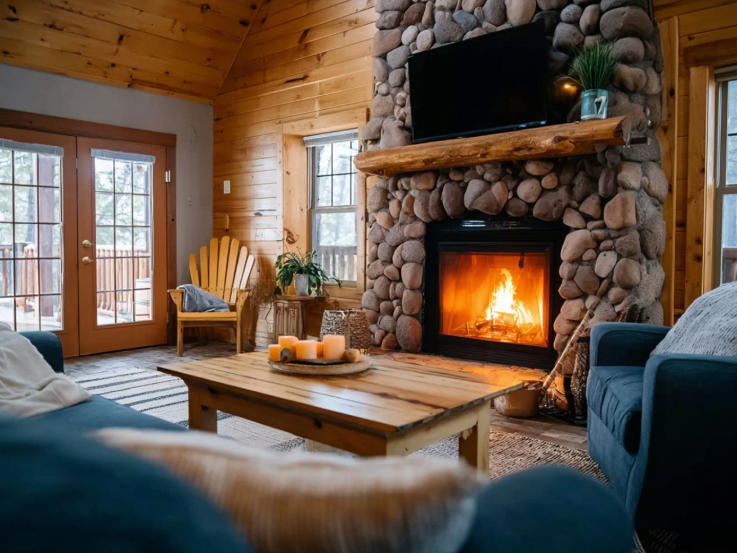Cozy suite with stone fireplace and rustic charm at The Keeter Center's Mabee Lodge