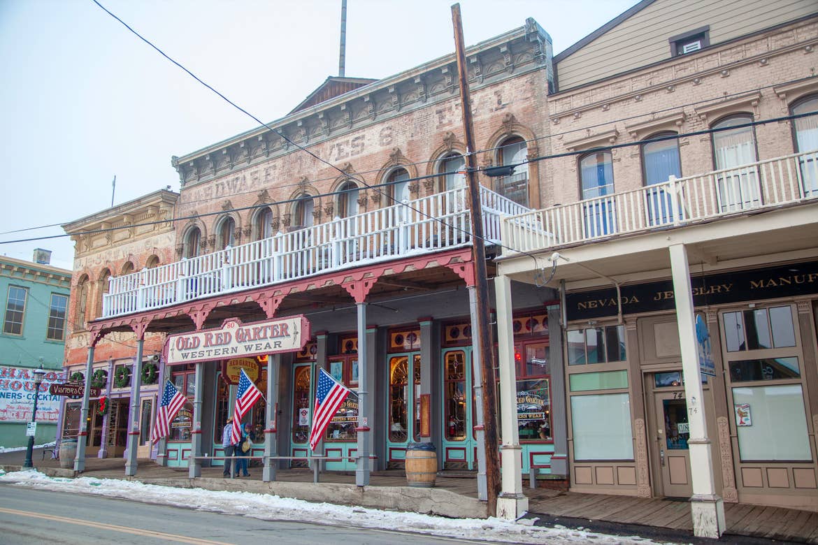 Old West mercantile exteriors in Virginia City, NV.