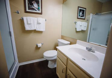 Bathroom in two-bedroom cabin at the Hill Country Resort in Canyon Lake, Texas.