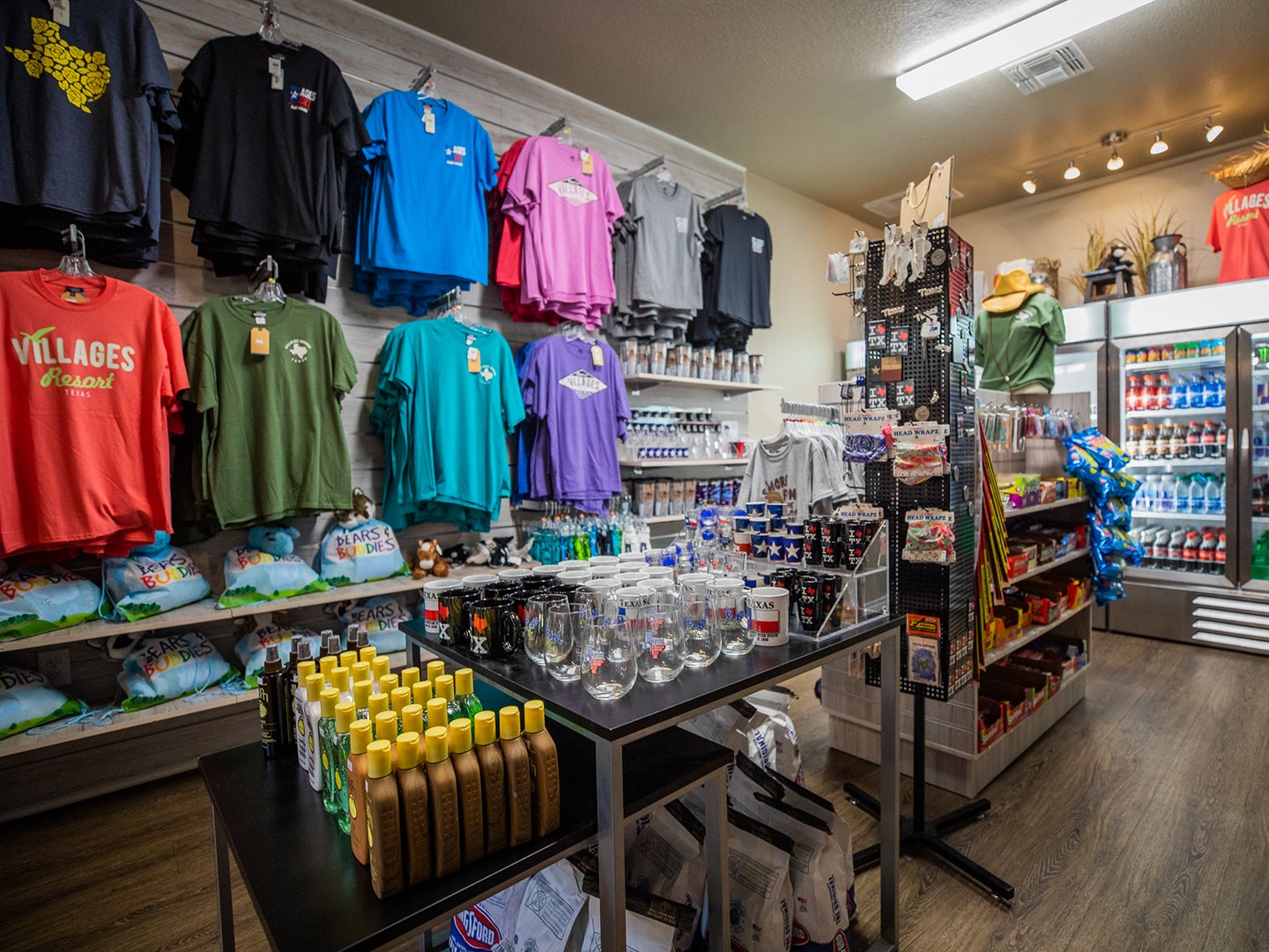 Marketplace with souvenirs, t-shirts, mugs, sunblock, snacks and drinks at Villages Resort in Flint, Texas