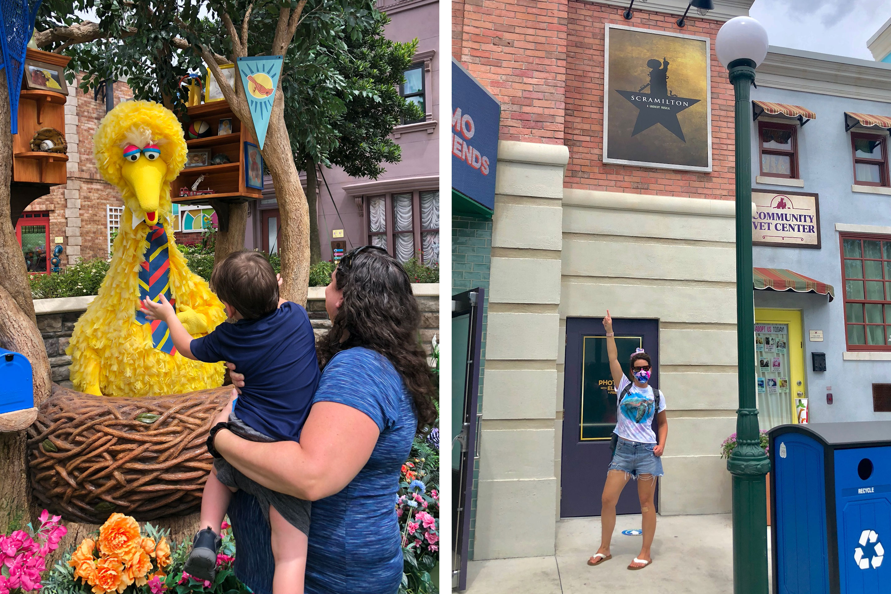 Left: Theresa holds Dakota as he reaches to embrace Big Bird in his nest. Right: Jennifer strikes a pose under a 'Scramilton' theater poster with one hand up in the air.