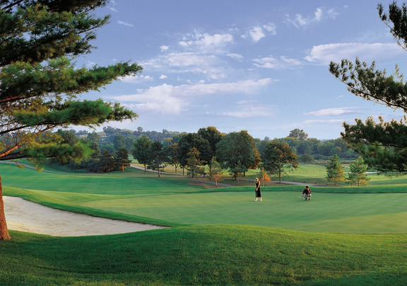 Golfers playing on a beautifully maintained golf course surrounded by trees under clear skies.