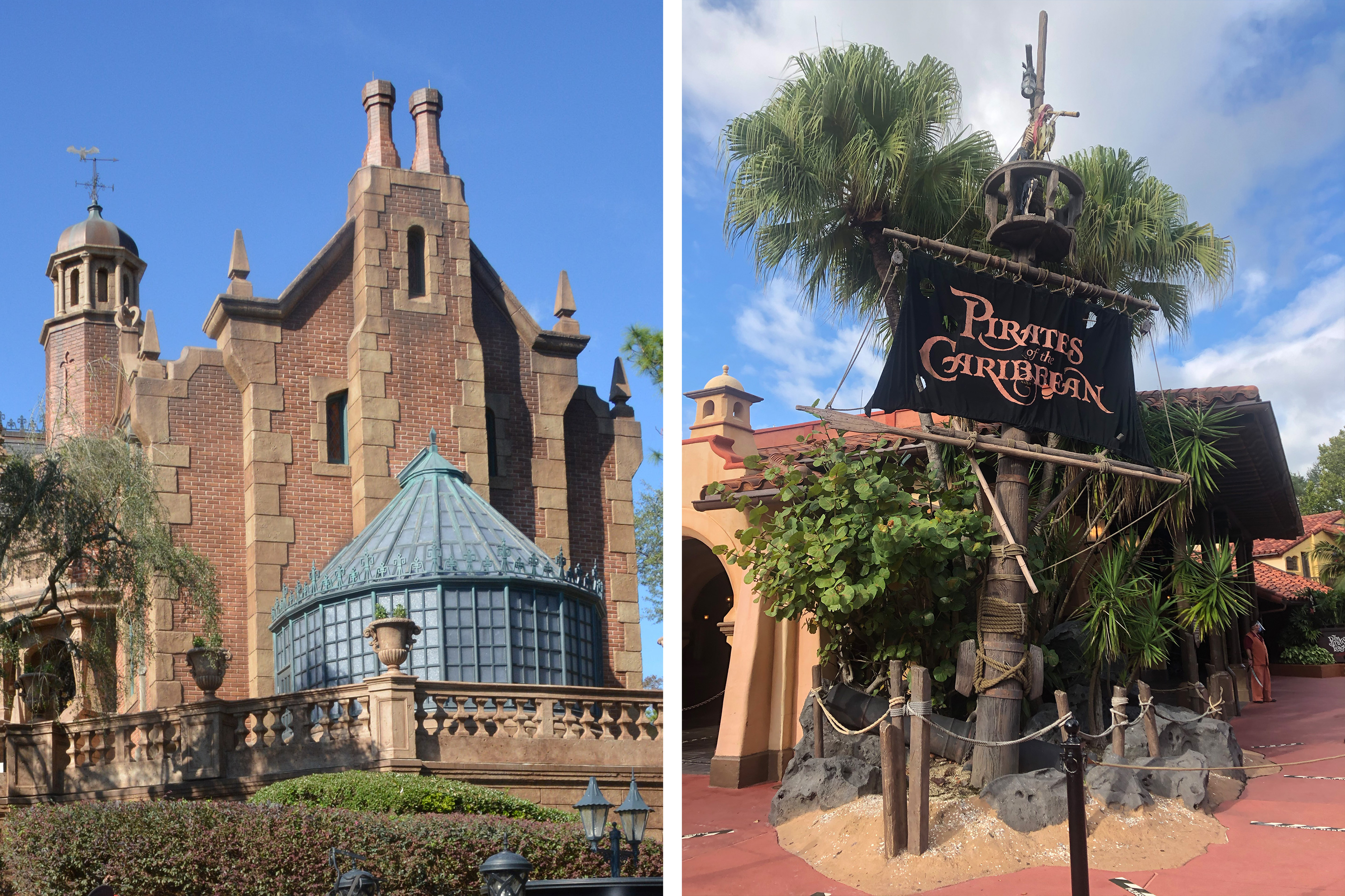 Left: The exterior of the Haunted Mansion under a blue sky in Magic Kingdom at Walt Disney World resort. Right: The exterior of the Pirates of the Caribbean queue under a cloudy-blue sky in Magic Kingdom at Walt Disney World resort.