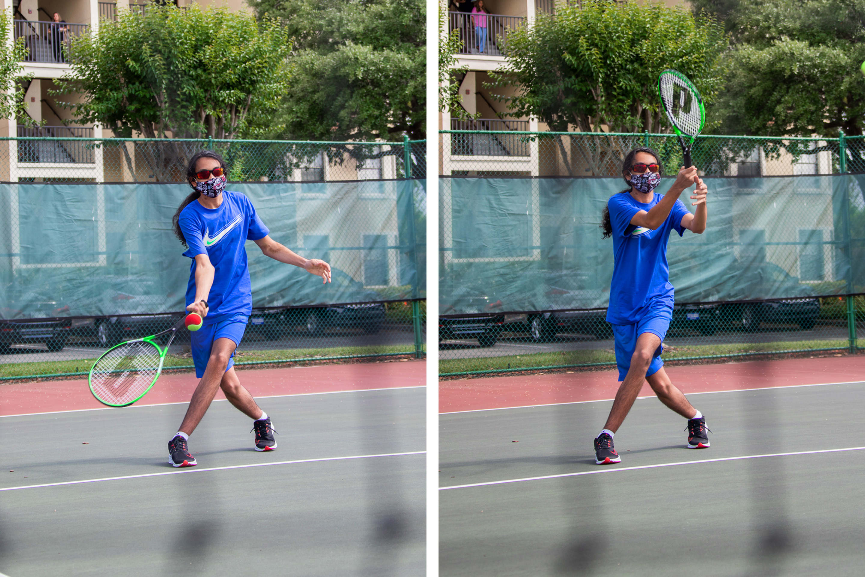 Left: Roan prepares for an incoming shot. Right: Roan swings his racket.