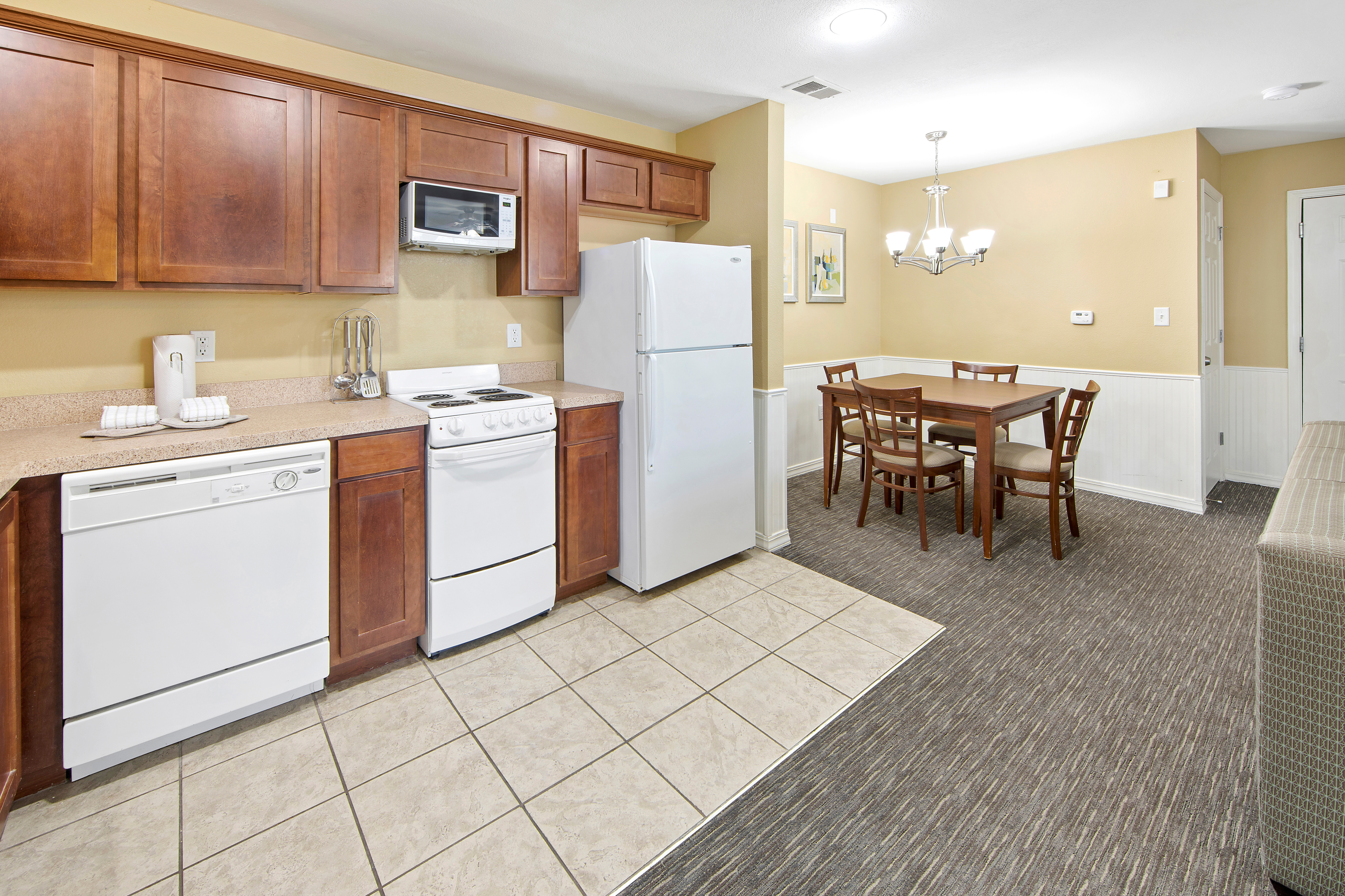 Kitchen area in a three-bedroom ambassador villa at the Hill Country Resort in Canyon Lake, Texas.